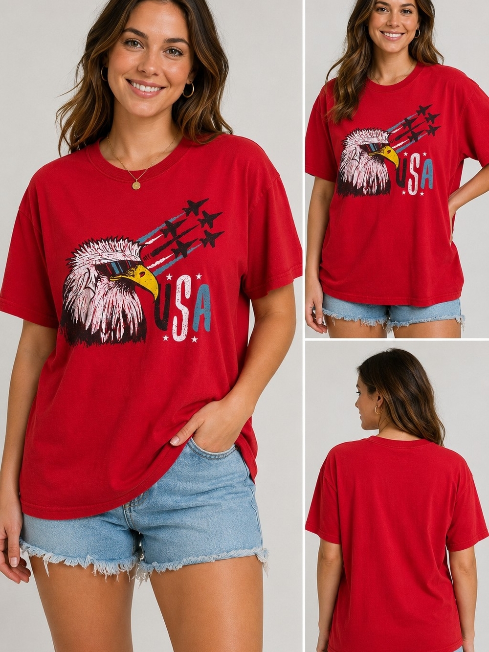 Delta Pro Weight USA Eagle Graphic T Shirt Red Patriotic Fourth of July Tee Adul